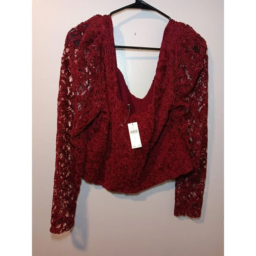 Anthropologie Deep Wine Burgundy Red Lace Sleeve Sweetheart Blouse Size Large